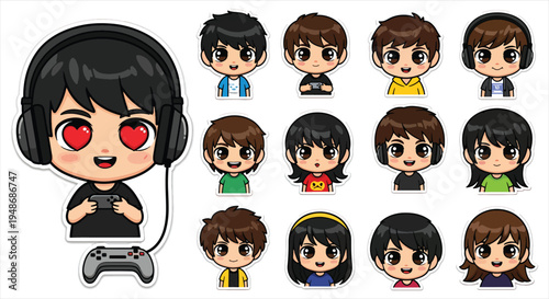 Cute Gamer Boy Character Emote Sticker Set, Cartoon Gaming Avatar Emoji Pack, Streaming Reaction Icons for Twitch Discord Vector