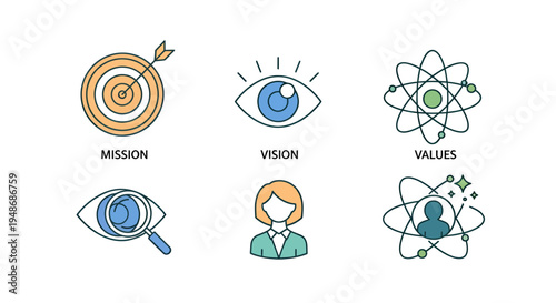 Corporate Mission, Vision, and Values: Visual Icons Representing Leadership, Strategy, and Growth.