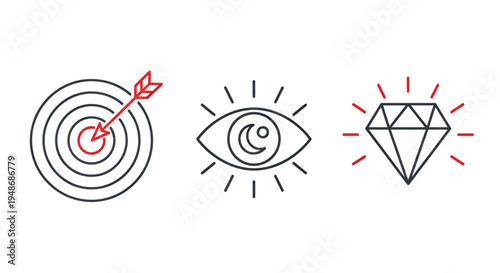 Set of three icons featuring a target bullseye, an eye, and a diamond for graphic design and branding.