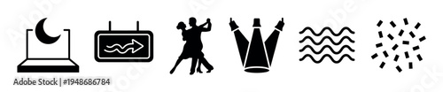 Set of black silhouette icons depicting night mode, directional flow, dancing, spotlights, wavy patterns, and celebratory confetti.