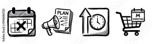 Hand-drawn doodle icons representing business planning, marketing strategy, time management, and e-commerce concepts for corporate development.