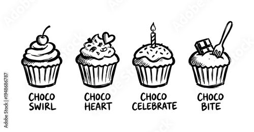 Hand-drawn black and white illustrations of chocolate cupcakes with unique toppings and festive elements.