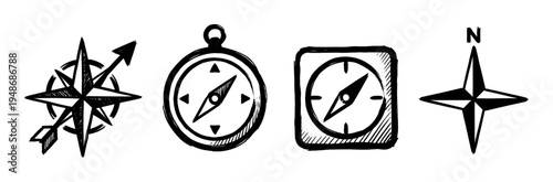 Set of hand-drawn black and white compass and compass rose icons, representing navigation and direction.