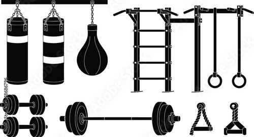 Silhouette illustration of gym and fitness equipment including punching bags, dumbbells, barbell, cable machine attachments, rings, and pull-up station for workout and training design
