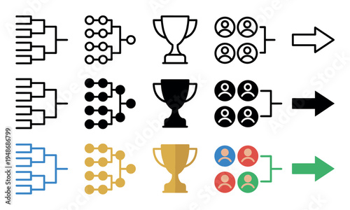 Tournament bracket icons with trophies, team groupings, and arrows representing competition progression in various styles.
