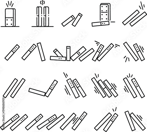 Domino effect line icon set. Chain reaction, cause and effect, sequence, and risk vector outline symbols. Visual representation of falling dominoes for business strategy and problem-solving.