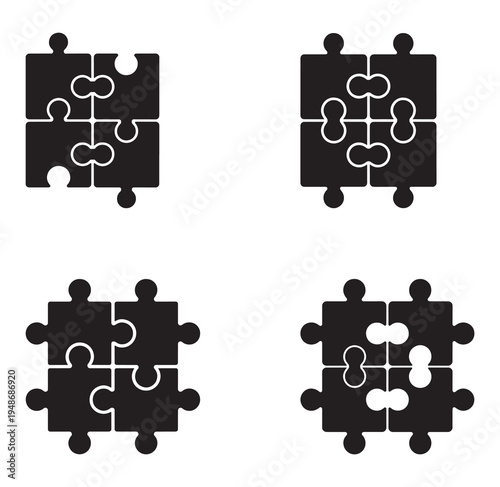 Four black puzzle piece icons showing different combinations and connections on white background