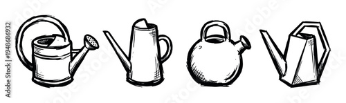 Hand-drawn sketch illustration set featuring various styles of watering cans, perfect for gardening and plant care concepts.