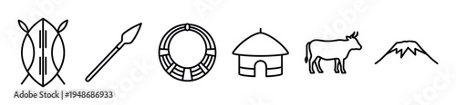 African cultural icons including a shield, spear, bracelet, hut, cattle, and mountain in a simple outline style.