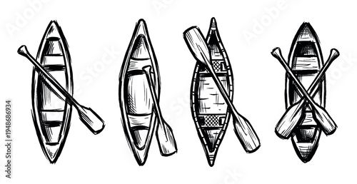 Hand-drawn illustration of four canoes with paddles, viewed from above, depicting outdoor water recreation and adventure.