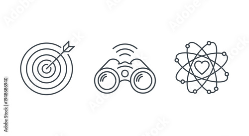 Goal, observation, and atomic science concepts represented by icons in a simple vector illustration.
