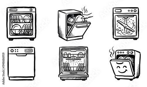 Collection of hand-drawn dishwasher illustrations showing different stages of operation, from loading to cleaning cycles.