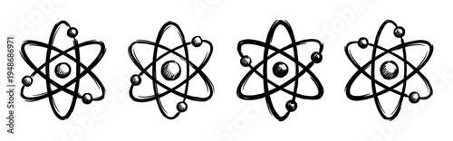 Hand-drawn sketchy atom icons representing science, physics, and chemistry concepts in a simple, illustrative style.