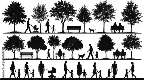 Silhouette illustration of people in park with trees, benches, strollers, dogs, and families, representing leisure, community, social interaction, and outdoor lifestyle artwork