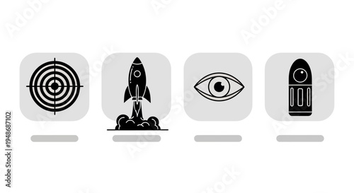 Set of grayscale vector icons featuring target, rocket, eye, and abstract figure.