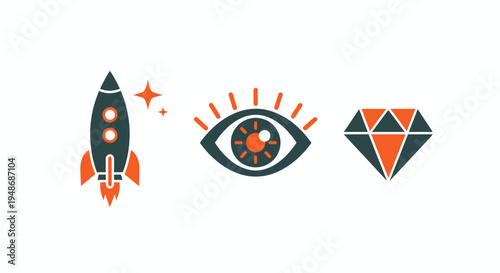 Rocket, eye, and diamond icons set representing vision, progress, and value in graphic design.