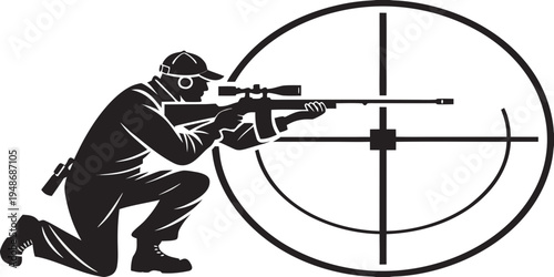 man kneeling and aiming a rifle at a target Vector