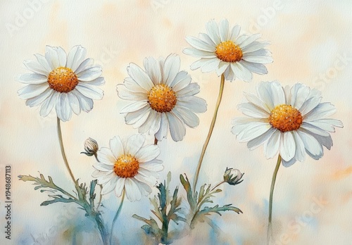 five white daisies with golden centers, slender green stems, two small buds and feathery leaves against a soft pastel background, evoking gentle serenity and cheerful calm