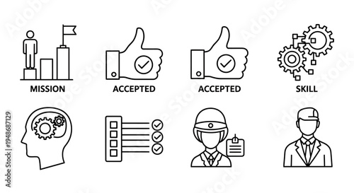 Line Icon Set Depicting Mission, Acceptance, Skill Development, Planning, and Workers.