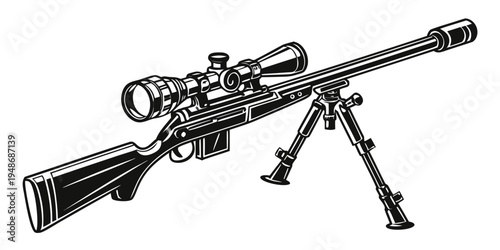 a large sniper rifle with a scope and tripod Vector