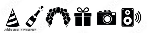 Collection of black silhouette party and celebration icons including a striped party hat, popping champagne bottle, balloon arch, wrapped gift box, camera, and speaker.