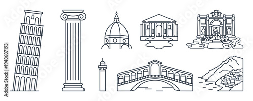 Collection of iconic Italian landmarks and architectural symbols rendered in a clean, minimalist line art style.