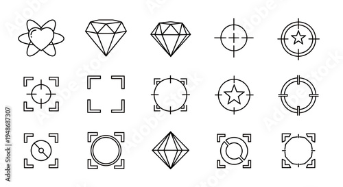 Collection of vector icons including atoms, diamonds, targets, gears, frames and symbols for design projects.