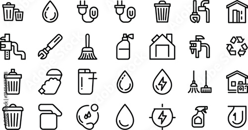 Home Maintenance and Cleaning Icon Set with Trash, Water, Energy and Utility Service Symbols