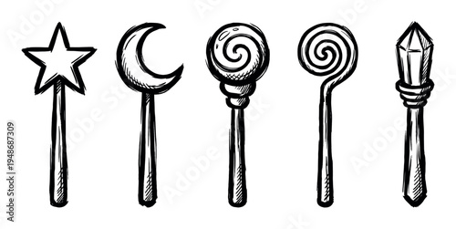 Set of hand-drawn magic wands featuring different designs like a star, moon, swirl, and crystal.