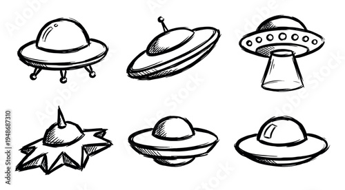 Collection of six hand-drawn, sketchy illustrations depicting various classic flying saucer designs and unidentified flying objects.