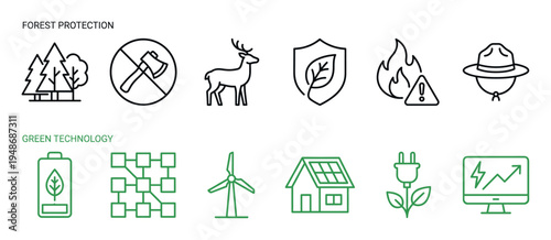 Comprehensive collection of line icons illustrating concepts related to forest protection and green technology, featuring symbols for nature conservation and sustainable energy solutions.