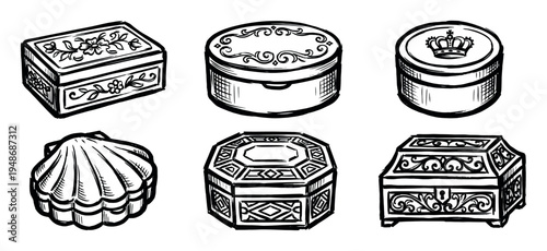 Collection of six intricately designed decorative boxes, rendered in a classic hand-drawn black and white sketch style, perfect for storing jewelry or small treasures.