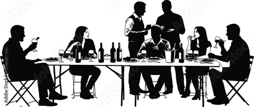 Silhouette illustration of seven people gathered around dining table eating, drinking, and serving, representing social dinner gathering, celebration, hospitality, and cultural artwork design