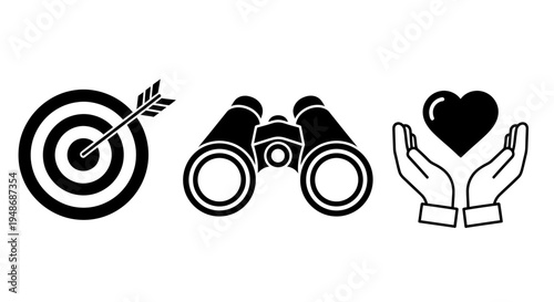 Icon set featuring a target with arrow, binoculars, and caring hands symbolizing focus, observation, and compassion.
