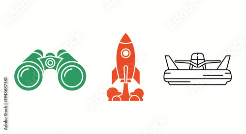 Three Transport Icons Featuring Binoculars, Rocket, and Boat in Colorful Flat Design.