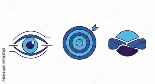 Set of three vector icons showing eye symbol, bullseye target with a dart, and protective goggles illustration for visual design projects.