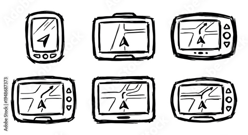 Set of hand-drawn illustrations depicting various GPS navigation devices displaying maps and routes for travel and guidance.
