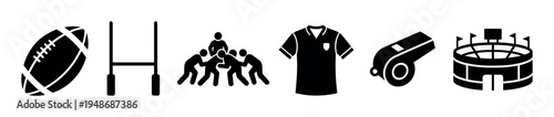 Collection of black silhouette icons representing essential elements and equipment associated with the sport of rugby.