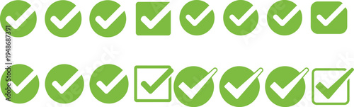 Green checkmark icons in circles and squares for confirmation and success