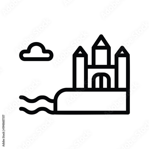 Simple line art illustration of a sandcastle by the sea.