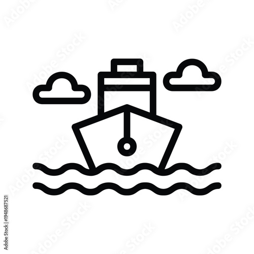 Front view of a ship sailing on water with clouds above.