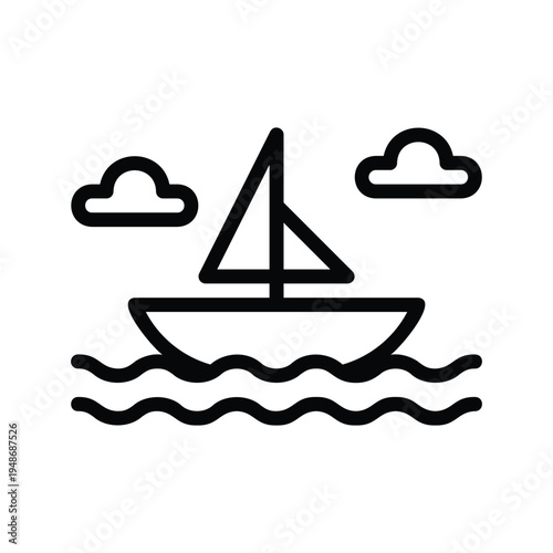 Simple line art icon of a sailboat on water with clouds.
