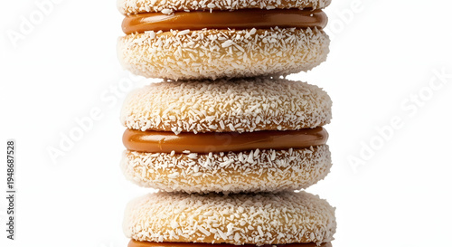 Stack of traditional Argentinian cornstarch alfajores with coconut and caramel isolated on white