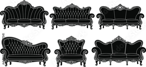 Silhouette illustration of six ornate vintage sofas and armchairs with carved details, tufted backs, and decorative upholstery, representing classical furniture design and interior artwork