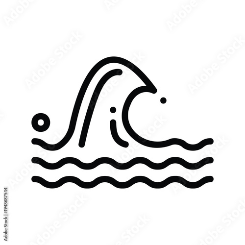 Stylized ocean wave with water droplets and ripples.