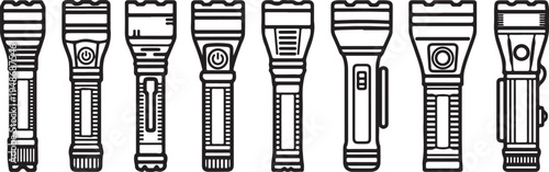 A variety of different flashlights displayed in a row with unique designs and features. Vector