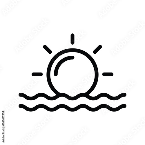 Minimalist sun rising over water line art icon.