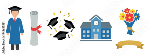 Collection of colorful flat design icons representing various elements of graduation and academic achievement, including a student, diploma, and school building.