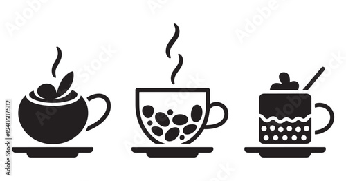Set of six black silhouette icons depicting various hot beverages in cups and mugs.