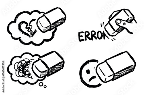 Hand-drawn sketch illustrations show erasers removing symbols of a broken heart, scribbled mess, an error, and a sad face, representing problem-solving and emotional healing.